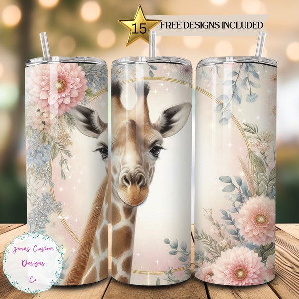 Realistic Giraffe and Pink Flowers 20 oz Skinny Tumbler Sublimation Design Digital Download PNG Instant DIGITAL ONLY, Tumbler Wrap