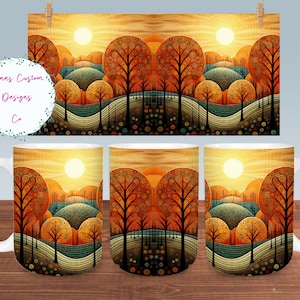 May include: A white ceramic mug with a colorful illustration of a stylized landscape with trees, hills, and a sun. The landscape is in shades of orange, yellow, green, and blue.