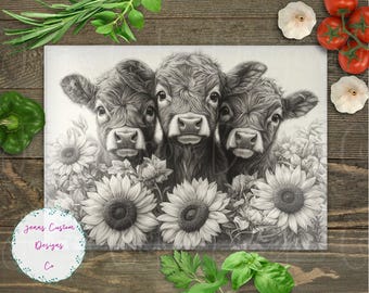 Highland Cows and Sunflowers Cutting Board Design Download, Cutting Board PNG, Cutting Board Printable PNG, Rustic Farm Cutting Board PNG
