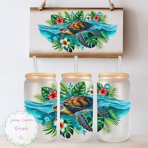Sea Turtle, Tropical, Beach, Floral 16oz Glass Can Wrap - Digital Download Sublimation Design - 16oz Template, jar tumbler wrap PNG Design