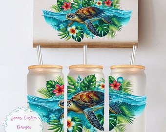 Sea Turtle, Tropical, Beach, Floral 16oz Glass Can Wrap - Digital Download Sublimation Design - 16oz Template, jar tumbler wrap PNG Design