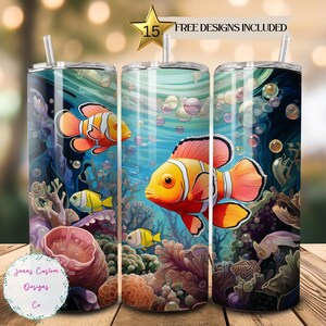Cute Colorful Clown Fish in Coral 20 oz Skinny Tumbler Sublimation Design Digital Download PNG Instant DIGITAL ONLY, Straight tumbler wrap.