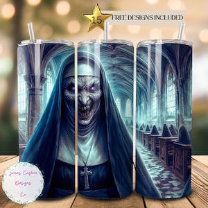 May include: A set of three stainless steel tumblers with a design featuring a scary nun in a dark, gothic church setting. The nun has a menacing expression and is wearing a black habit. The church is dimly lit and has high vaulted ceilings. The tumblers are perfect for Halloween or any spooky occasion.
