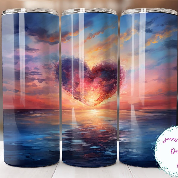 Ocean Sunset with Heart 20 oz Skinny Tumbler Sublimation Design Digital Download PNG Instant DIGITAL ONLY, Straight Valentine tumbler wrap.