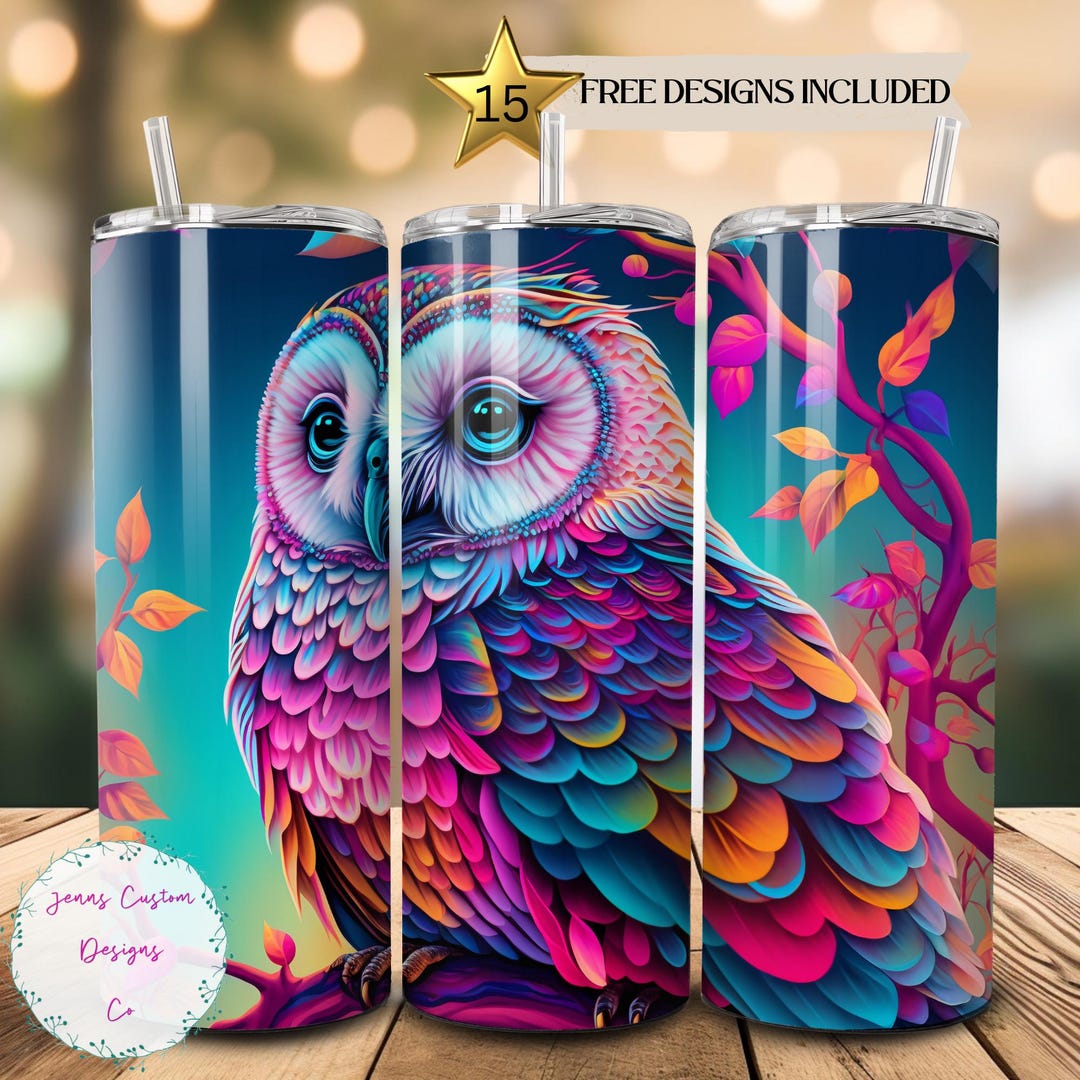 Neon 1980's Inspired Owl 20 Oz Skinny Tumbler Sublimation Design ...