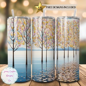 Vackra höstträd som reflekterar över vatten 20 oz smal tumbler sublimeringsdesign digital nedladdning PNG omedelbar ENDAST DIGITALT, rak tumbler.