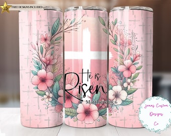 Christian Easter, He is Risen, Cross and Flowers 20 oz Skinny Tumbler Sublimation Design Digital Download PNG Instant DIGITAL ONLY