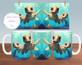 Cute Cartoon Baby Sea Turtles Mug Sublimation Design Digital Download PNG Turtle 12oz and 15oz Mugs PNG, Baby Sea Turtle Mug PNG