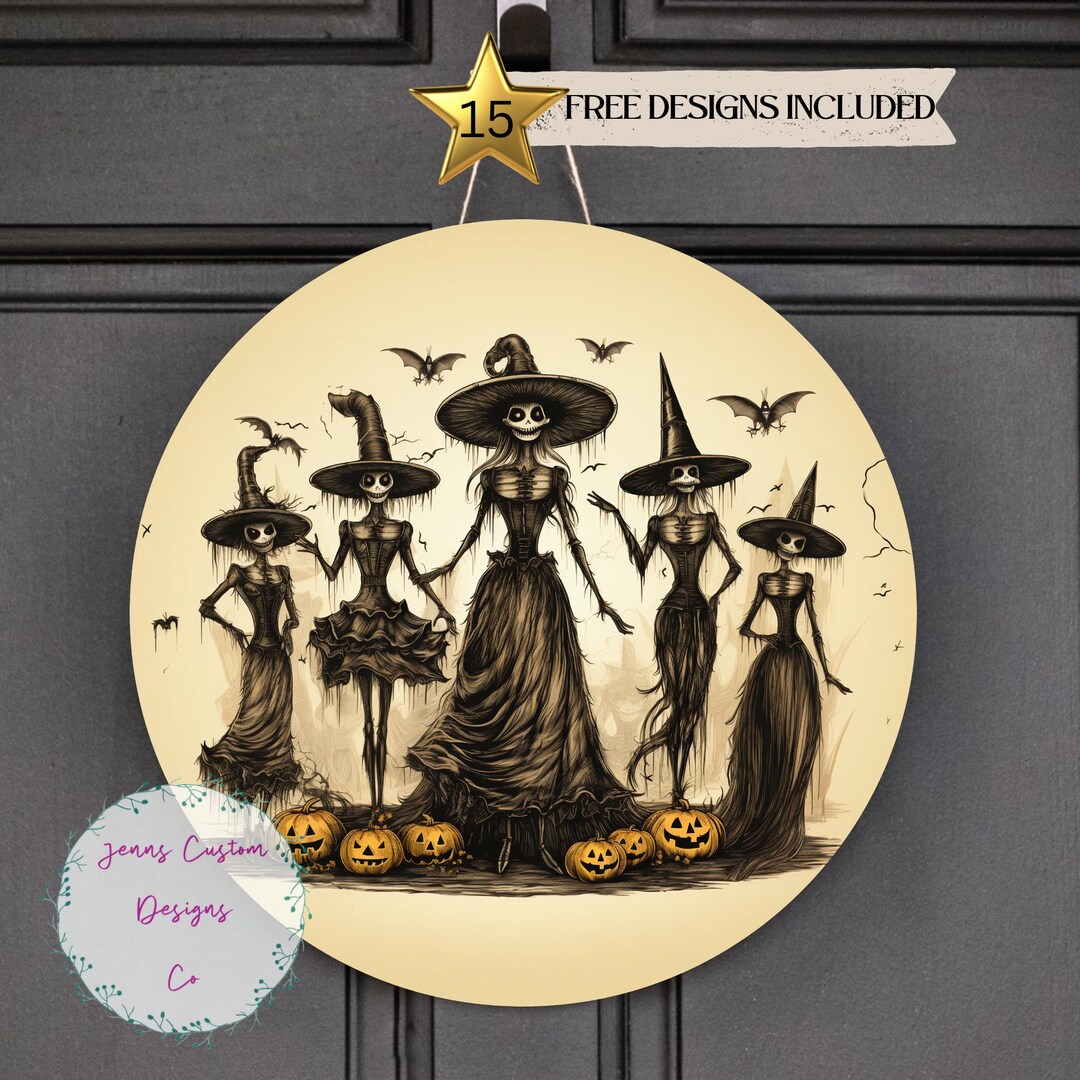 Halloween Skeleton Witches Sublimation Round Door Hanger Design PNG ...