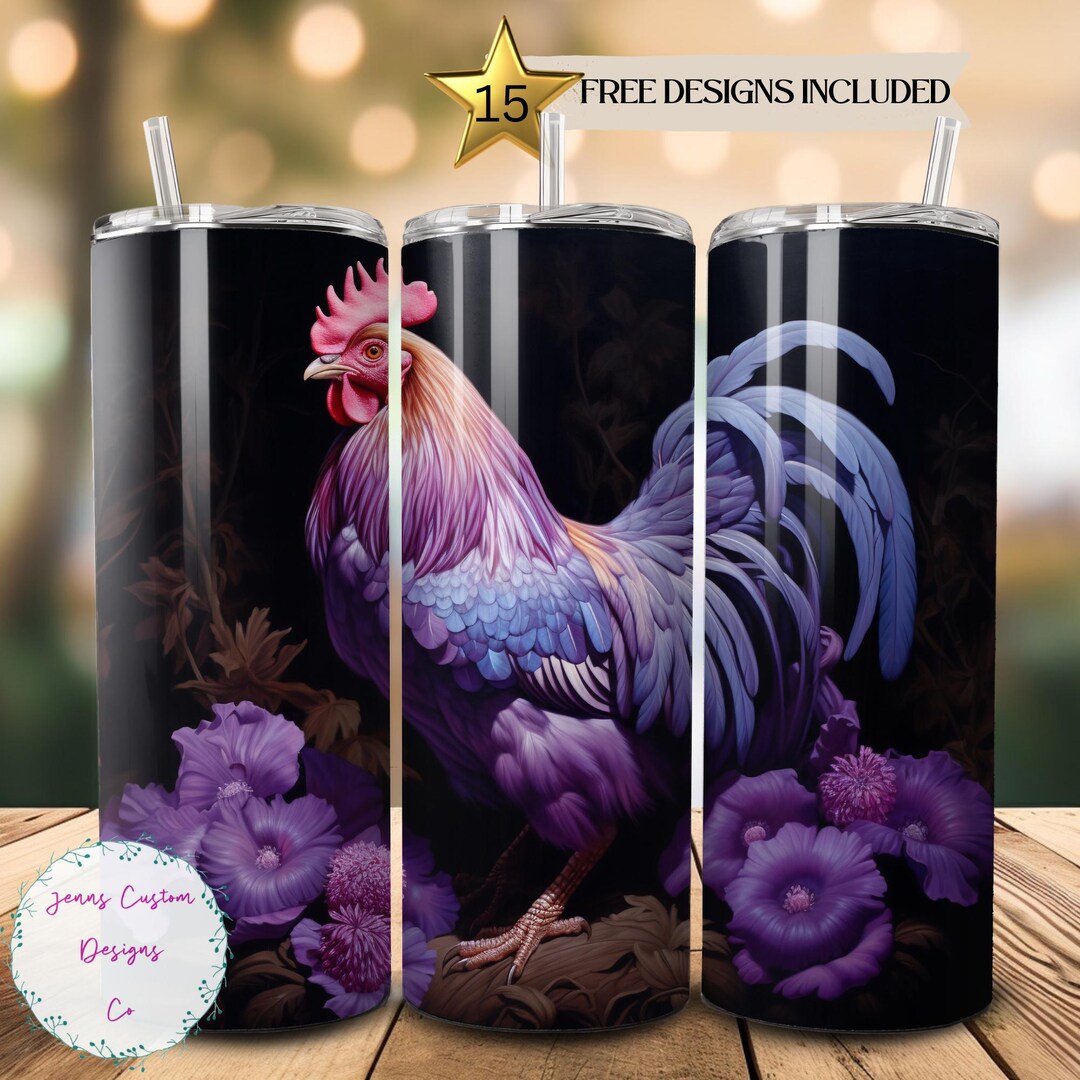 Purple Rooster and Flowers 20 Oz Skinny Tumbler Sublimation Design ...