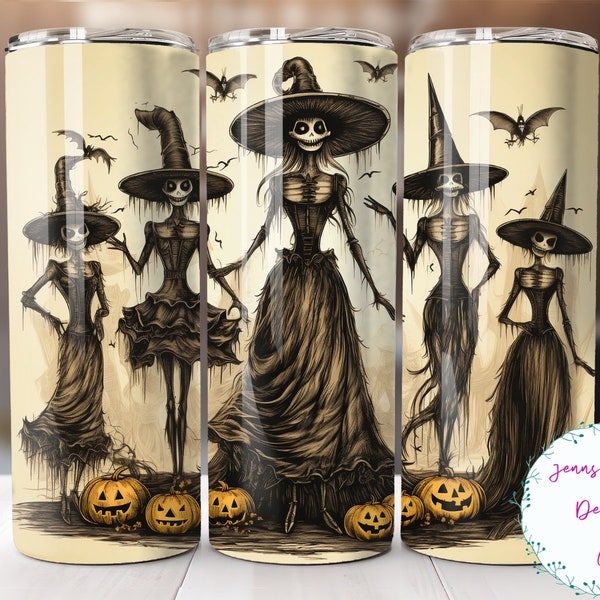 Halloween Skeleton Witches 20oz Skinny Tumbler Sublimation Design Digital Download PNG Instant DIGITAL ONLY, Straight Halloween tumbler wrap