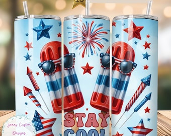 愛国的なポップシクル、Stay Cool、独立記念日 20 オンス スキニー タンブラー 昇華デザイン デジタル ダウンロード PNG インスタント デジタルのみ、タンブラー ラップ