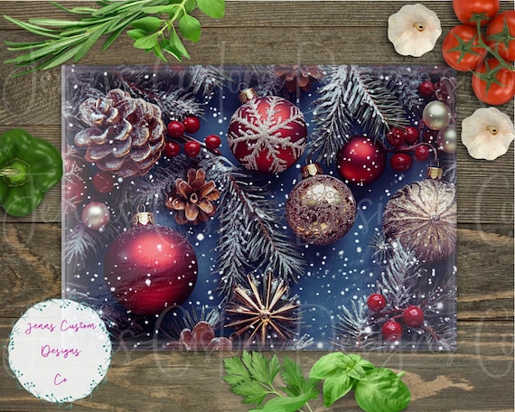 Christmas Greenery and Baubles Cutting Board Design Download, Bird Cutting Board PNG, Cutting Board Printable PNG, Cutting Board PNG