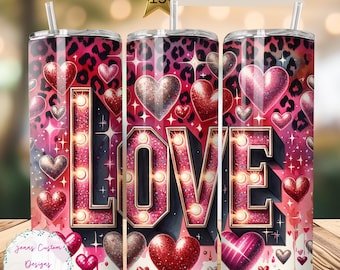 Love Marquee Sign e corações Skinny Tumbler Sublimação Design Digital Download PNG Instantâneo SOMENTE DIGITAL, Dia dos Namorados Tumbler Wrap