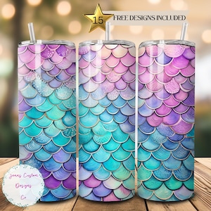 3D Pastel Mermaid Scale Pattern 20 oz Skinny Tumbler Sublimation Design Digital Download PNG Instant DIGITAL ONLY, Straight tumbler wrap.