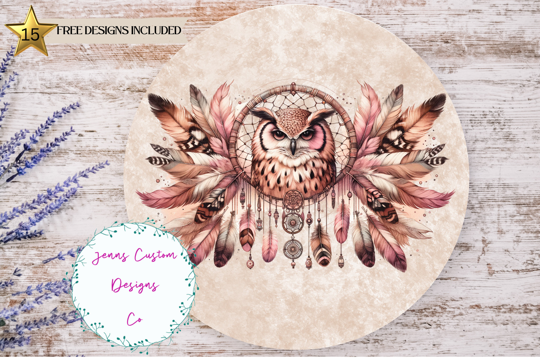 Boho Dream Catcher and Owl Sublimation Round Door Hanger Design PNG, Sublimation Design for 12 Inch 