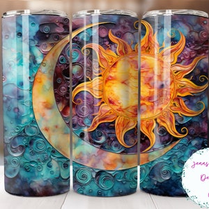 Pretty Alcohol Ink Sun and Moon 20 oz Skinny Tumbler Sublimation Design Digital Download PNG Instant DIGITAL ONLY, Straight tumbler wrap.