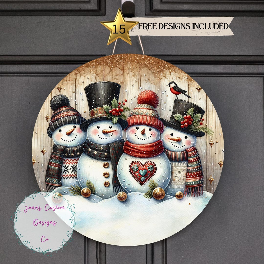 Cute Snowmen Sublimation Door Hanger PNG Design, Winter 12 Inch Round ...