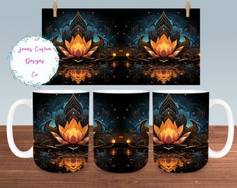 Vibrant Lotus Flower with Reflection Mug Sublimation Design Digital Download PNG Yoga 12oz and 15oz Mugs PNG, Meditation Lotus Mug PNG