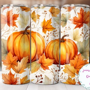 Calabazas de otoño y hojas de otoño 20oz Skinny Tumbler Sublimation Design Descarga digital PNG Instant DIGITAL SOLAMENTE, Envoltura de vaso de otoño recto