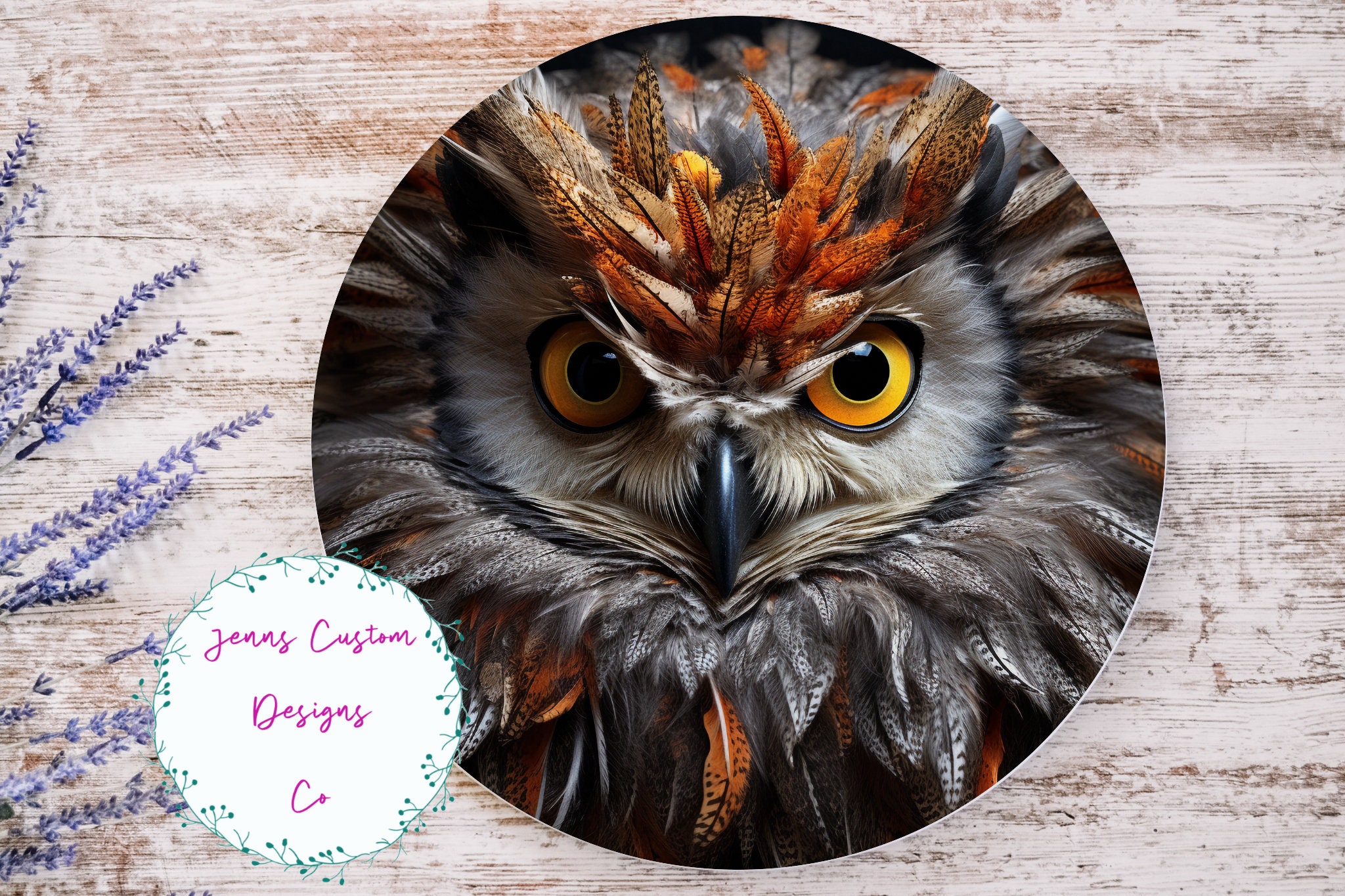 Close Up of Beautiful Owl Sublimation Round Door Hanger Design PNG, Sublimation Design for 12 Inch R