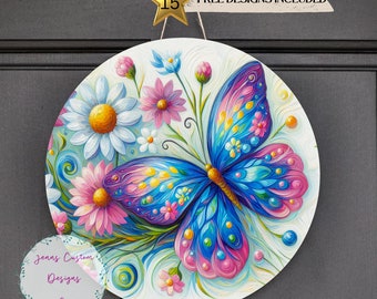 Pastel Butterfly and Flowers Sublimation Round Door Hanger Design PNG, Sublimation Design for 12 Inch Round, Digital Download ONLY PNG