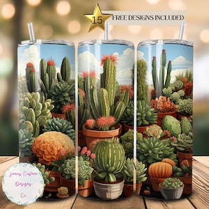 Puede incluir: Un juego de tres vasos de acero inoxidable con un diseño colorido de cactus y suculentas. Los vasos están decorados con una variedad de cactus y suculentas de diferentes colores y tamaños. Los vasos son perfectos para disfrutar de tus bebidas favoritas.