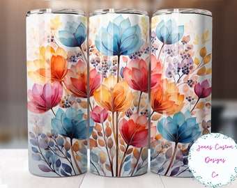 May include: Three stainless steel tumblers with a watercolor floral design. The flowers are in shades of blue, red, orange, and yellow. The background is white.