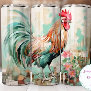 Vintage Rooster and Flowers, Mint Green 20 oz Skinny Tumbler Sublimation Design Digital Download PNG Instant DIGITAL ONLY, Straight tumbler