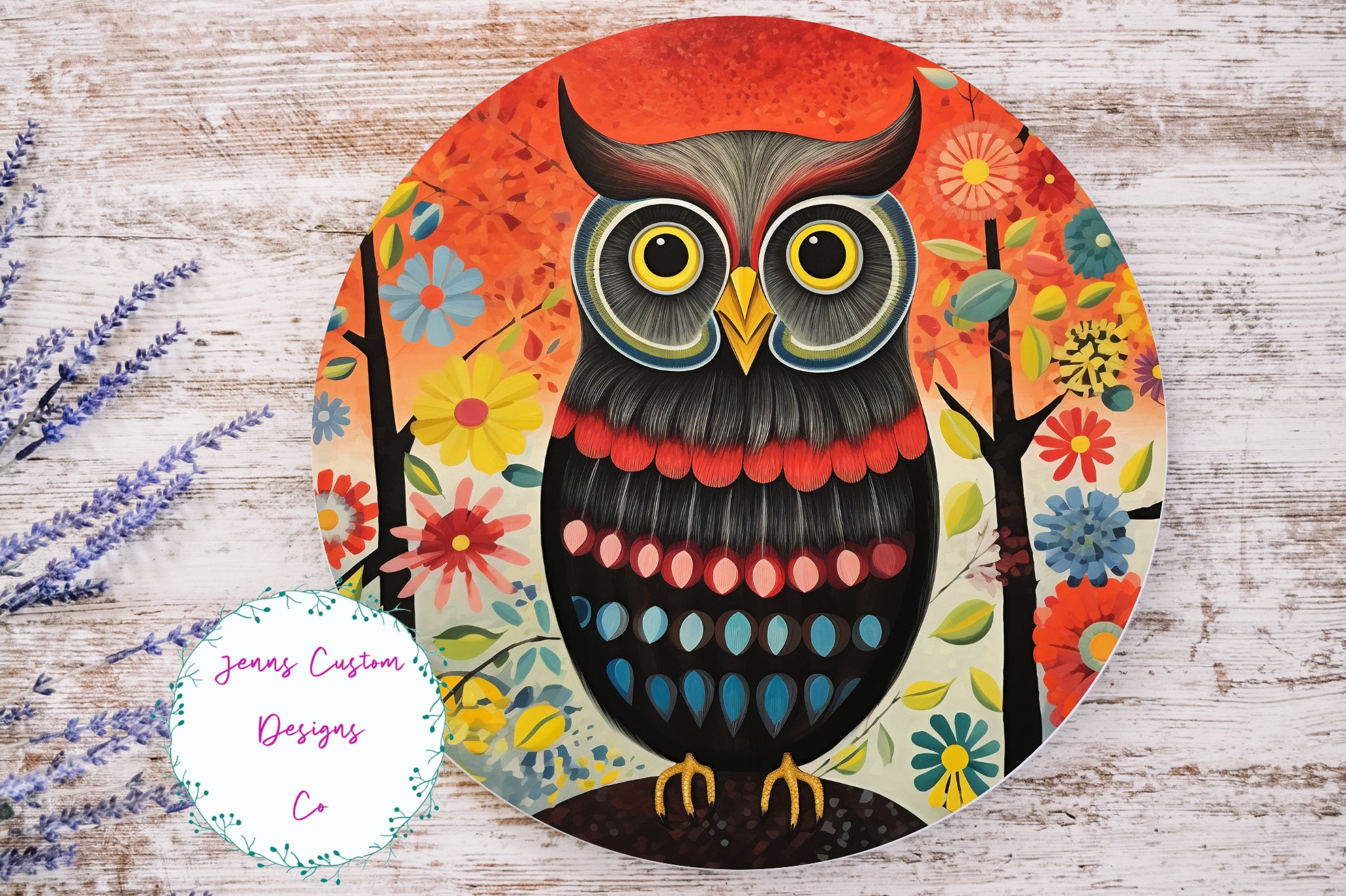Vintage Owl Sublimation Round Door Hanger Design PNG, Sublimation Design for 12 Inch Round, Digital