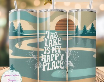 Retro The Lake Is My Happy Place, Lake Life Skinny Tumbler Sublimation Design Digital Download PNG Instant DIGITAL ONLY, Tumbler Wrap