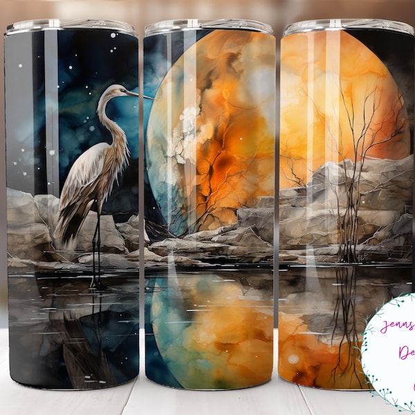 Beautiful Crane, Full Moon 20 oz Skinny Tumbler Sublimation Design Digital Download PNG Instant DIGITAL ONLY, Straight Bird tumbler wrap.