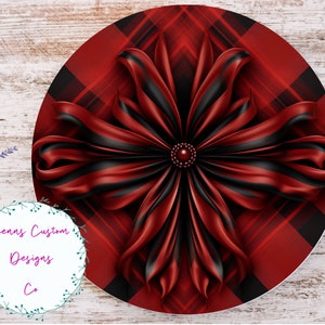 Design di appendiabiti per porta rotondo con fiocco di Natale rosso e nero, design a sublimazione per tondo da 12 pollici, SOLO download digitale, PNG rotondo