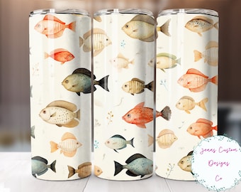 Watercolor Tropical Fish Pattern 20 oz Skinny Tumbler Sublimation Design Digital Download PNG Instant DIGITAL ONLY, Straight tumbler wrap.