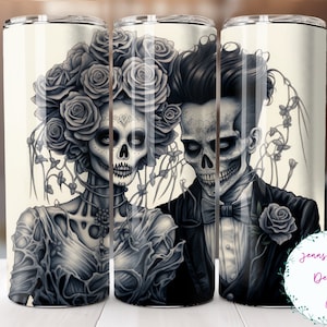 Skeleton Bride and Groom, Black and White 20oz Skinny Tumbler Sublimation Design Digital Download PNG Instant DIGITAL ONLY, Straight tumbler