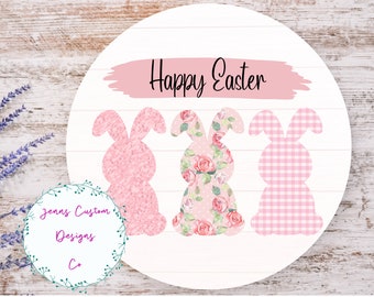 Happy Easter, Pink Bunnies Sublimation Round Door Hanger Design PNG, Sublimation Design for 12 Inch Round, Digital Download ONLY Easter PNG