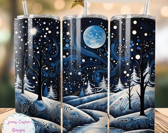 Notte stellata invernale, paesaggio innevato, bicchiere sottile da 20 once, design a sublimazione, download digitale PNG, SOLO DIGITALE istantaneo, involucro per bicchiere dritto