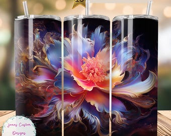 Op de afbeelding: Een set van drie roestvrijstalen tumblers met een kleurrijk abstract bloemenontwerp. Het ontwerp bevat een grote bloem met blauwe, roze en gele bloemblaadjes. De achtergrond is donkerpaars met hints van goud.