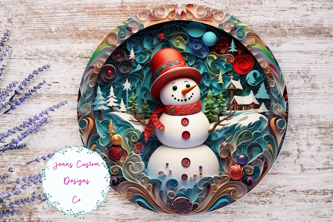 3D Quilled Colorful Snowman Sublimation Round Door Hanger Design PNG ...