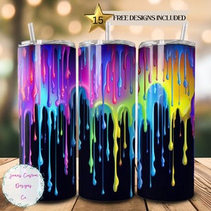 Neon Blacklight Dripping Paint 20 oz Skinny Tumbler Sublimation Design Digital Download PNG Instant DIGITAL ONLY, Straight tumbler wrap.