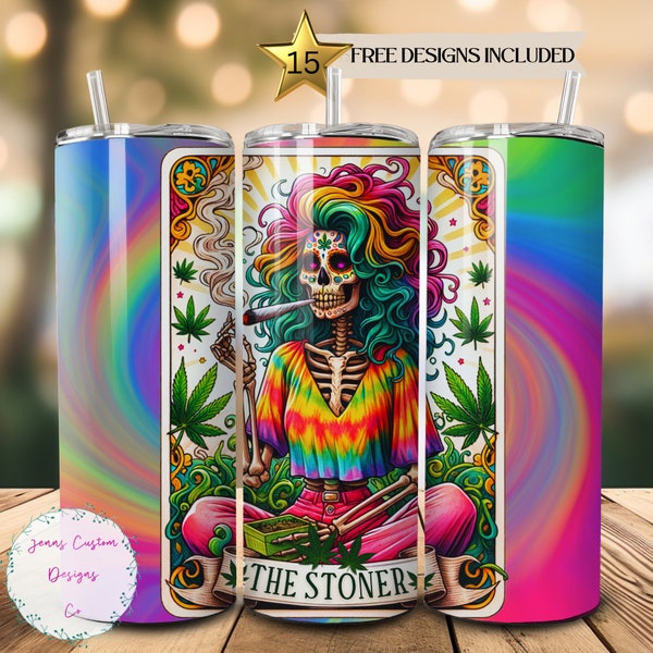 The Stoner Retro Skeleton Tarot Card, Marijuana Smoker 20 oz Skinny Tumbler Sublimation Design Digital Download PNG Instant DIGITAL ONLY,