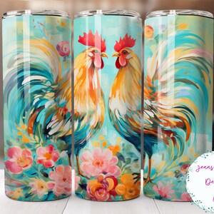 Green Roosters and Flowers 20 oz Skinny Tumbler Sublimation Design Digital Download PNG Instant DIGITAL ONLY, Straight Chicken tumbler wrap.
