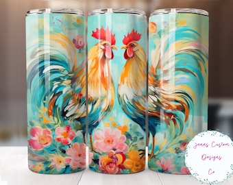 Green Roosters and Flowers 20 oz Skinny Tumbler Sublimation Design Digital Download PNG Instant DIGITAL ONLY, Straight Chicken tumbler wrap.