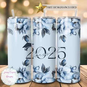 Class of 2025 Blue Floral Graduation 20 oz Skinny Tumbler Sublimation Design Digital Download PNG Instant DIGITAL ONLY, Tumbler Wrap