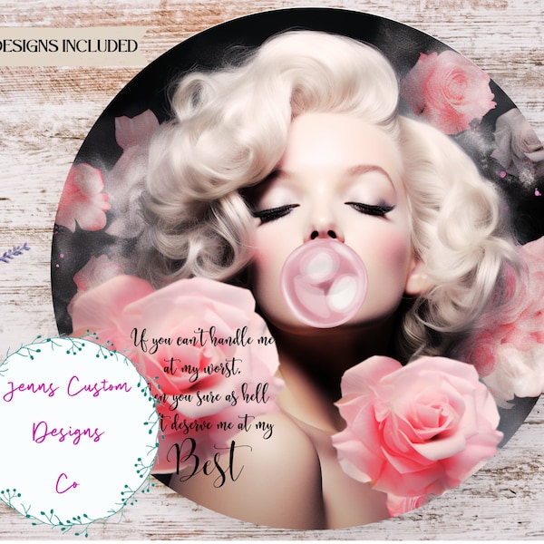 Marilyn Monroe Pink Bubblegum Sublimation Round Door Hanger Design PNG, Sublimation Design for 12 Inch Round, Digital Download ONLY PNG