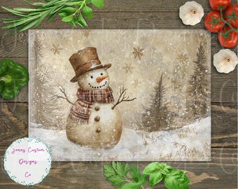 Vintage Snowman and Winter Landscape Cutting Board Design Download, Bird Cutting Board PNG, Cutting Board Printable PNG, Cutting Board PNG