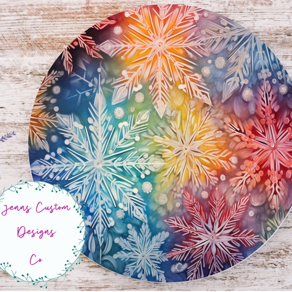 Pastel Rainbow Snowflakes Sublimation Round Door Hanger Design PNG, Sublimation Design for 12 Inch Round, Digital Download Christmas PNG