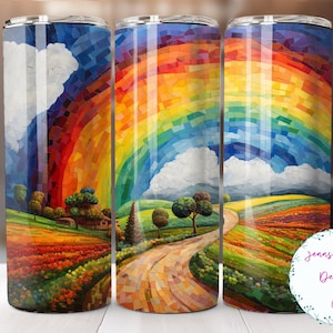 May include: Three stainless steel tumblers with a colorful mosaic rainbow design. The rainbow is over a field of flowers and a winding road. The tumblers are perfect for holding hot or cold beverages.