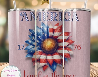 Sunflower 4th of July Patriotic 20 oz Skinny Tumbler Sublimation Design Digital Download PNG Instant DIGITAL, America Floral Tumbler Wrap