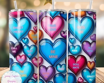 Valentine Conversation Hearts 20 oz Skinny Tumbler Sublimation Design Digital Download PNG Instant DIGITAL ONLY, Straight Heart tumbler wrap